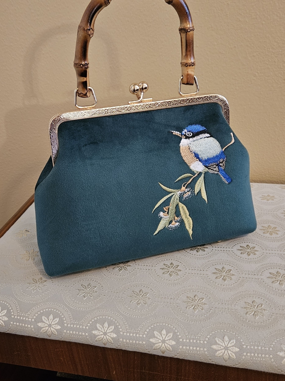 Embroidered Handbag with Bamboo Handle NWOT